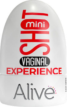Alive Mini Shot Vaginal Experience masturbatore maschile tascabile con design compatto, confezione bianca e rossa easy open