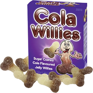 Scatola viola di caramelle gommose Cola Willies gusto cola ricoperte di zucchero, con gelatine bicolore marrone e trasparente a forma divertente, confezione da 150 g.