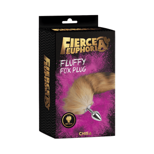 Scatola del prodotto Fluffy Fox Plug Fierce Euphoria con immagine della coda soffice e grafica nera e fucsia.