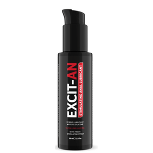 Flacone nero con dispenser di EXCIT-AN, lubrificante anale stimolante ibrido a base acqua e silicone, formato 100 ml.