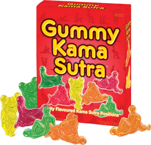 Scatola rossa “Gummy Kama Sutra” con caramelle gommose colorate a forma di coppie in diverse posizioni del Kama Sutra, gusto frutta, confezione da 120g.