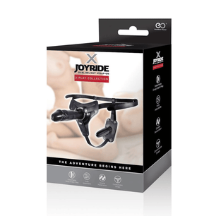 Confezione del prodotto harness strap-on nero con doppio inserto e cinturini regolabili.