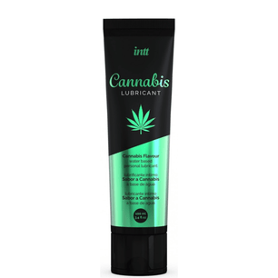 Tubo nero di lubrificante intimo Inti Cannabis Lubricant a base acqua, aroma cannabis, confezione da 100 ml con foglia verde stilizzata sulla parte frontale.