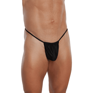 Thong uomo nero a vita bassa con laccetti sottili laterali e pouch frontale morbido dal design essenziale