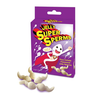 Confezione viola di Jelly Super Sperms, caramelle gommose al gusto Pina Colada a forma divertente, con illustrazione cartoon sulla scatola e caramelle bianche davanti alla confezione.