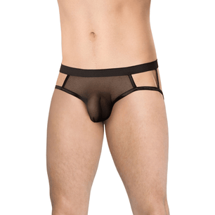 Vista frontale e posteriore di jockstrap uomo nero in tulle trasparente con fascia elastica e design minimal.