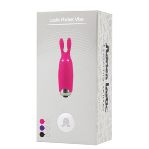 Confezione Lastic Pocket Vibe con mini vibratore tascabile rosa in silicone a forma di coniglietto