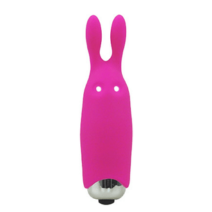 Mini vibratore tascabile rosa in silicone con base nera, design a forma di coniglietto