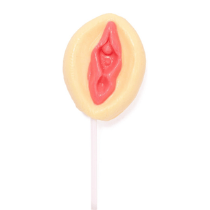 Lecca lecca rosa a forma sensuale con dettagli realistici, caramella gommosa su bastoncino, vista frontale su sfondo bianco.