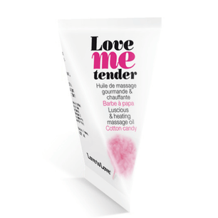 Tubo di olio da massaggio riscaldante Love Me Tender al profumo di zucchero filato, confezione bianca con scritta rosa e nera.