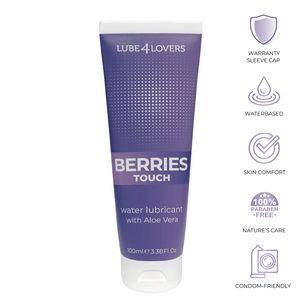 Tubetto viola da 100 ml di lubrificante intimo Berries Touch a base acqua con aloe vera, delicato sulla pelle e compatibile con preservativi