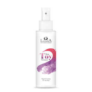 Flacone spray LuxuriA Toy Cleaner 100ml, detergente igienizzante per sex toys con design bianco e grafica rosa e viola.