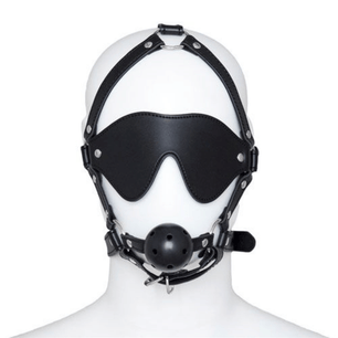 Vista frontale di maschera bondage nera con benda occhi integrata e gag ball centrale