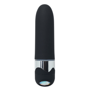 Mini vibratore nero con finitura soft touch, dettaglio argento centrale e base decorativa effetto cristallo, vista frontale.
