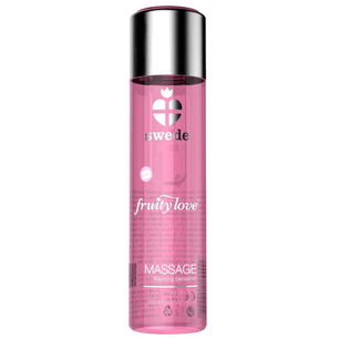 Flacone di olio da massaggio riscaldante alla fragola e spumante con design rosa elegante.