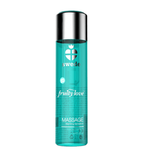 Flacone di olio da massaggio riscaldante al ribes nero e lime con design turchese elegante.