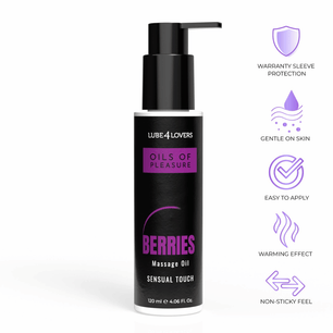 Flacone di olio da massaggio sensuale ai frutti di bosco da 120 ml con erogatore pump, texture non appiccicosa ed effetto riscaldante, ideale per massaggi rilassanti e sensuali