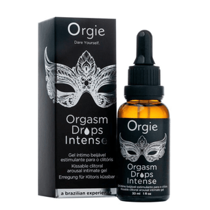 Flacone con contagocce Orgasm Drops Intense accanto alla scatola prodotto