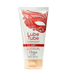 Gel intimo a base d’acqua Orgie Lube Tube Hot da 150 ml, confezione bianca con grafica rossa, vista frontale.