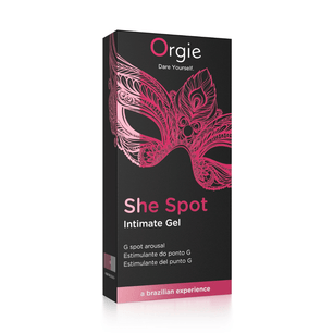 Confezione gel intimo Orgie She Spot con maschera decorativa rosa su sfondo nero