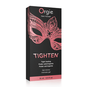 Confezione gel intimo Orgie Tighten con maschera decorativa rosa su sfondo nero
