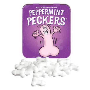 Scatolina viola di caramelle alla menta “Peppermint Peckers” con illustrazione cartoon e mentine bianche sagomate sparse davanti.