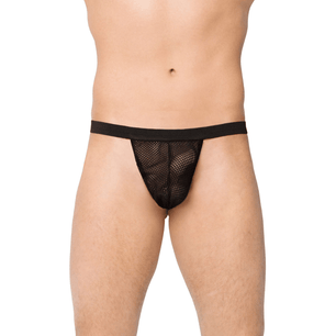 Vista frontale e posteriore di perizoma uomo nero in rete trasparente con fascia elastica sottile.