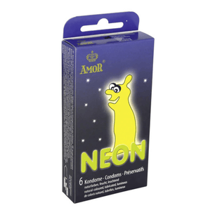 Scatola di preservativi Amor Neon fluorescenti confezione da 6, profilattici luminosi lubrificati con packaging blu e grafica neon gialla.