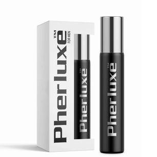 Flacone nero del profumo Pherluxe for Men accanto alla confezione originale
