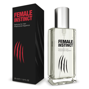Flacone spray da 30 ml di profumo maschile Female Instinct con confezione nera e scritte rosse, fragranza ai feromoni per uomo