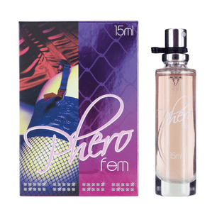 Flacone spray da 15 ml di profumo femminile Phero Fem accanto alla confezione, con grafica nei toni del viola e rosa