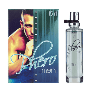 Flacone spray da 15 ml di profumo maschile Phero Men affiancato alla confezione, con design elegante nei toni del blu e argento