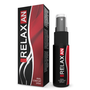 Spray Relaxan comfort anale in flacone nero con erogatore e confezione nera e rossa, lubrificante spray per benessere intimo
