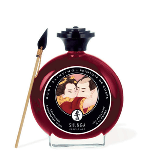 Bottiglia rotonda rossa di Shunga Body Painting Sparkling Strawberry Wine con etichetta in stile arte giapponese erotica e pennello applicatore dorato.
