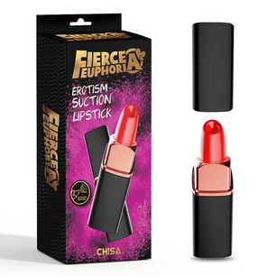 Confezione del prodotto e stimolatore ad aspirazione a forma di rossetto con cappuccio nero e punta rossa.