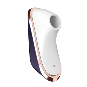 Vista frontale dello stimolatore compatto bianco e viola con profilo sottile e finitura oro rosa