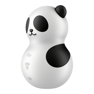 Vista frontale angolata dello stimolatore bianco e nero a forma di panda con pulsanti frontali.