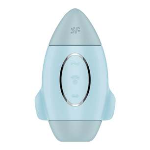 Vista frontale dello stimolatore azzurro chiaro con pulsanti centrali e design compatto a razzo.