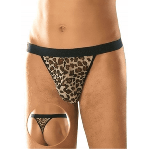 Vista frontale e posteriore di string uomo leopardato con fascia elastica nera.
