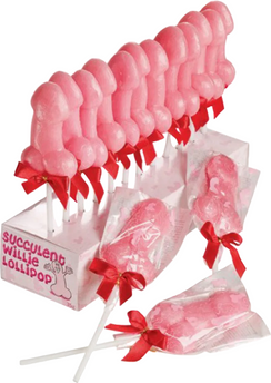 Lecca lecca rosa a forma di pene con fiocco rosso decorativo, confezionato singolarmente, idea regalo scherzosa per addio al nubilato e feste tra amiche.