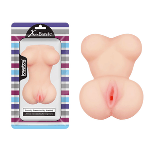 Confezione X-Basic accanto al masturbatore realistico soft touch a forma di torso femminile.