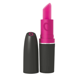Vibratore rossetto discreto rosa e nero, aperto con cappuccio, su sfondo bianco