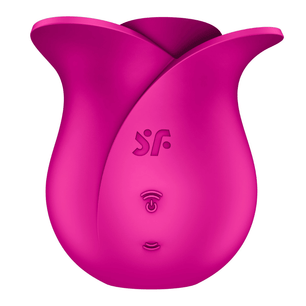 Vista frontale dello stimolatore rosa a forma di fiore con pulsanti frontali e finitura in silicone