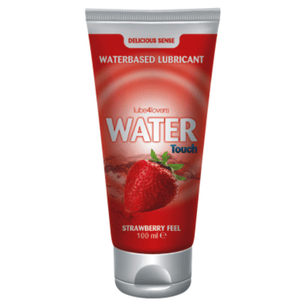 Tubo di lubrificante intimo a base acqua Water Touch gusto fragola da 100 ml con confezione rossa e immagine di fragola frontale