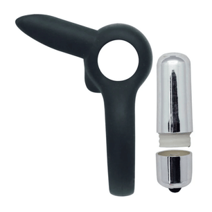 Anello fallico vibrante in silicone nero con plug anale integrato e capsula vibrante rimovibile