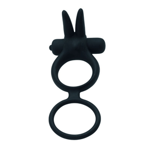 Anello vibrante in silicone nero con doppio anello, mostrato in vista frontale su sfondo chiaro.