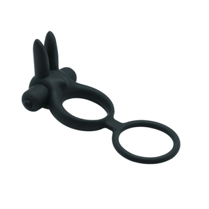 Anello vibrante in silicone nero con doppio anello, mostrato in vista laterale su sfondo chiaro.