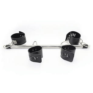 Barra divaricatrice in acciaio inox con quattro cinturini regolabili neri, vista frontale del prodotto su sfondo bianco.