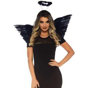 Black angel wings costume with feather halo headband, front view of elegant black feather wings accessory for Halloween or costume parties.