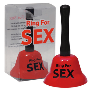 Campanello rosso “Ring For Sex” con confezione originale accanto, gadget ironico per coppie e idea regalo divertente.